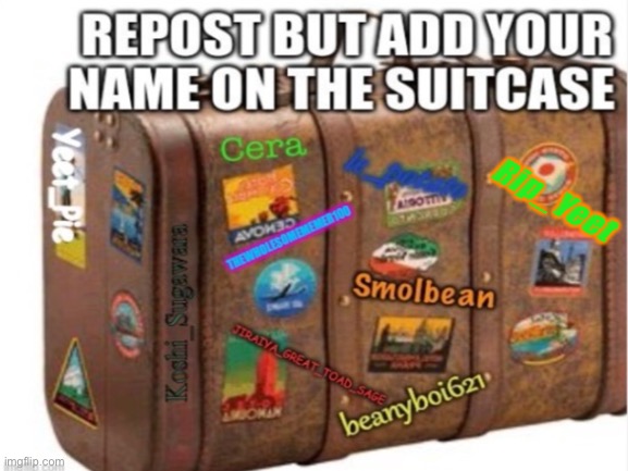 Add name pls | Rip_Yeet | image tagged in repost,suitcase,add your name | made w/ Imgflip meme maker