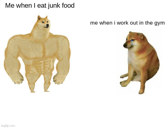 Buff Doge vs. Cheems | Me when I eat junk food; me when i work out in the gym | image tagged in memes,buff doge vs cheems | made w/ Imgflip meme maker