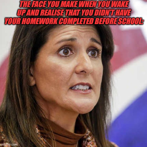 When you forgot to have your homework finished before school! | THE FACE YOU MAKE WHEN YOU WAKE UP AND REALISE THAT YOU DIDN’T HAVE YOUR HOMEWORK COMPLETED BEFORE SCHOOL: | image tagged in nikki haley,politics,memes,funny,relatable | made w/ Imgflip meme maker