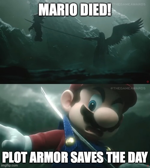 The Power of Plot Armour |  MARIO DIED! PLOT ARMOR SAVES THE DAY | image tagged in sephiroth kills mario turned out to be fake | made w/ Imgflip meme maker