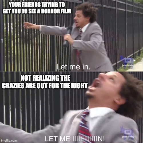 let me in | YOUR FRIENDS TRYING TO GET YOU TO SEE A HORROR FILM; NOT REALIZING THE CRAZIES ARE OUT FOR THE NIGHT | image tagged in let me in | made w/ Imgflip meme maker