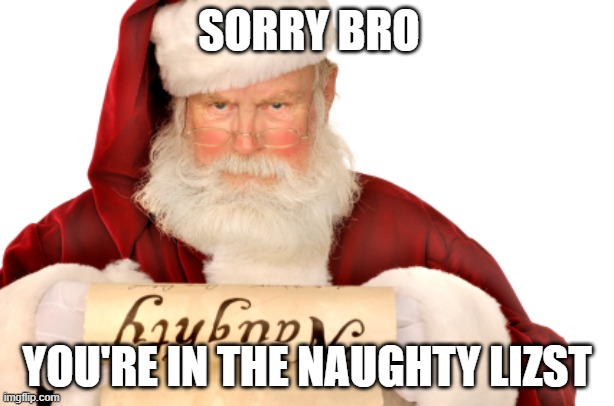 GUESS LIZST | SORRY BRO; YOU'RE IN THE NAUGHTY LIZST | image tagged in santa naughty list | made w/ Imgflip meme maker