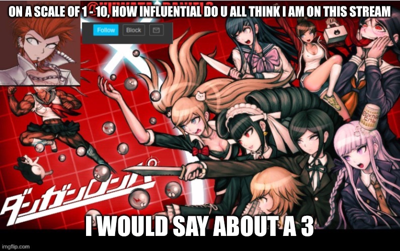 ON A SCALE OF 1 - 10, HOW INFLUENTIAL DO U ALL THINK I AM ON THIS STREAM; I WOULD SAY ABOUT A 3 | made w/ Imgflip meme maker