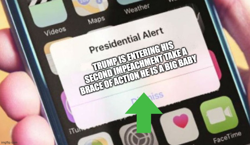 Take a brace of action you do not know what he is going to do | TRUMP IS ENTERING HIS SECOND IMPEACHMENT TAKE A BRACE OF ACTION HE IS A BIG BABY | image tagged in memes,presidential alert | made w/ Imgflip meme maker