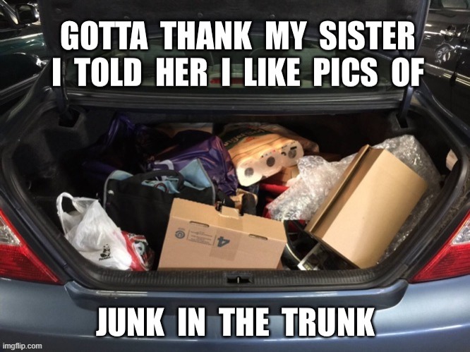Gee thanks, Sis ... | GOTTA  THANK  MY SISTER
I  TOLD  HER  I  LIKE  PICS  OF; JUNK  IN  THE  TRUNK | image tagged in booty,jokes,rick75230 | made w/ Imgflip meme maker