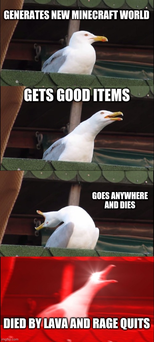 Inhaling Seagull | GENERATES NEW MINECRAFT WORLD; GETS GOOD ITEMS; GOES ANYWHERE AND DIES; DIED BY LAVA AND RAGE QUITS | image tagged in memes,inhaling seagull | made w/ Imgflip meme maker