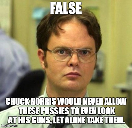 FALSE CHUCK NORRIS WOULD NEVER ALLOW THESE PUSSIES TO EVEN LOOK AT HIS GUNS, LET ALONE TAKE THEM. | made w/ Imgflip meme maker