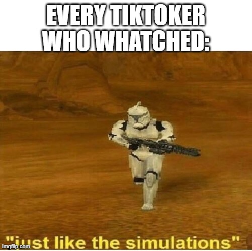 Just like the simulations | EVERY TIKTOKER WHO WHATCHED: | image tagged in just like the simulations | made w/ Imgflip meme maker
