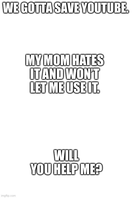 And she does not like imgflip. | MY MOM HATES IT AND WON’T LET ME USE IT. WE GOTTA SAVE YOUTUBE. WILL YOU HELP ME? | image tagged in blank white template | made w/ Imgflip meme maker