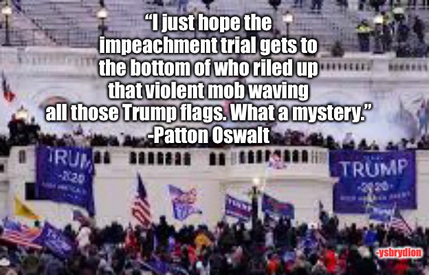 I Wonder Who Did This | “I just hope the impeachment trial gets to the bottom of who riled up that violent mob waving all those Trump flags. What a mystery.”
-Patton Oswalt; -ysbrydion | image tagged in pattonoswalt,impeachment,mystery | made w/ Imgflip meme maker