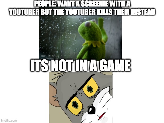 Wait wut | PEOPLE: WANT A SCREENIE WITH A YOUTUBER BUT THE YOUTUBER KILLS THEM INSTEAD; ITS NOT IN A GAME | image tagged in blank white template | made w/ Imgflip meme maker
