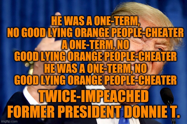 Donald Trump | HE WAS A ONE-TERM, NO GOOD LYING ORANGE PEOPLE-CHEATER
A ONE-TERM, NO GOOD LYING ORANGE PEOPLE-CHEATER
HE WAS A ONE-TERM, NO GOOD LYING ORANGE PEOPLE-CHEATER; TWICE-IMPEACHED FORMER PRESIDENT DONNIE T. | image tagged in donald trump | made w/ Imgflip meme maker
