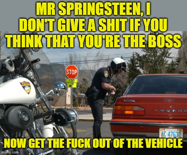 Police Pull Over | MR SPRINGSTEEN, I DON'T GIVE A SHIT IF YOU THINK THAT YOU'RE THE BOSS NOW GET THE FUCK OUT OF THE VEHICLE | image tagged in police pull over | made w/ Imgflip meme maker