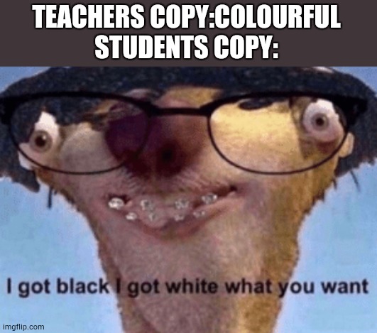 schools are weird | TEACHERS COPY:COLOURFUL
STUDENTS COPY: | image tagged in i got black i got white what ya want | made w/ Imgflip meme maker