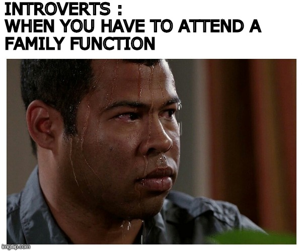 introverts | INTROVERTS :
WHEN YOU HAVE TO ATTEND A 
FAMILY FUNCTION | image tagged in jordan peele sweating | made w/ Imgflip meme maker