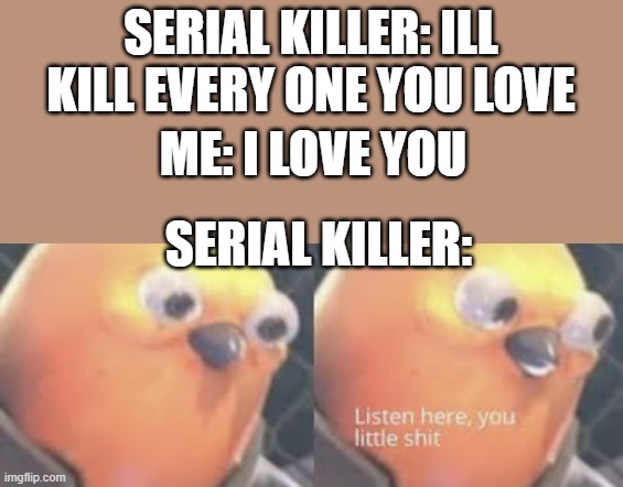 lol | SERIAL KILLER: ILL KILL EVERY ONE YOU LOVE; ME: I LOVE YOU; SERIAL KILLER: | image tagged in listen here you little shit bird | made w/ Imgflip meme maker