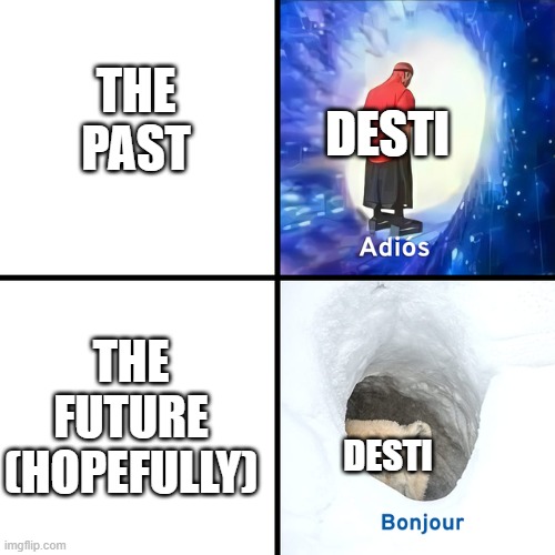 e | THE PAST; DESTI; THE FUTURE (HOPEFULLY); DESTI | image tagged in adios bonjour | made w/ Imgflip meme maker