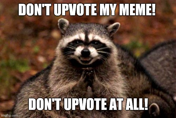 I Bet You Won't! | DON'T UPVOTE MY MEME! DON'T UPVOTE AT ALL! | image tagged in memes,evil plotting raccoon | made w/ Imgflip meme maker