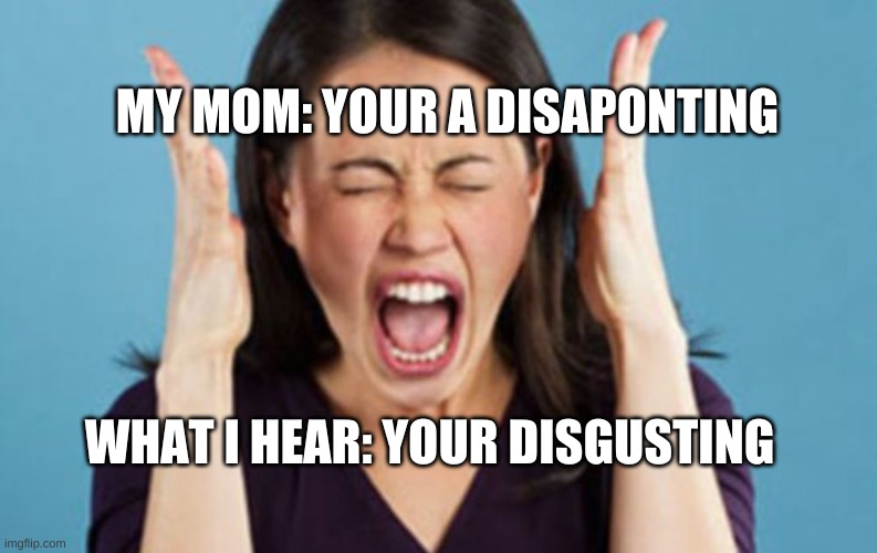 Yelling Mom | MY MOM: YOUR A DISAPONTING; WHAT I HEAR: YOUR DISGUSTING | image tagged in yelling mom | made w/ Imgflip meme maker