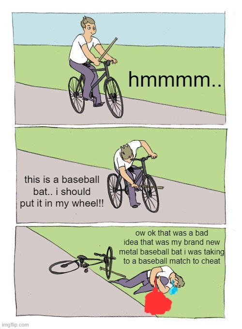 cheaters never prosper | hmmmm.. this is a baseball bat.. i should put it in my wheel!! ow ok that was a bad idea that was my brand new metal baseball bat i was taking to a baseball match to cheat | image tagged in bike fall,ouch,r i p,cats | made w/ Imgflip meme maker
