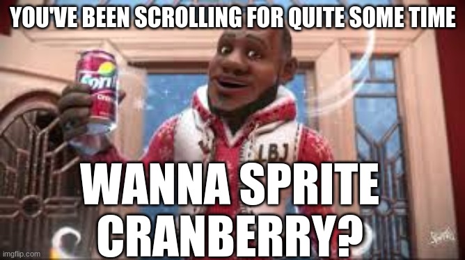 come on take it | YOU'VE BEEN SCROLLING FOR QUITE SOME TIME; WANNA SPRITE CRANBERRY? | image tagged in wanna sprite cranberry | made w/ Imgflip meme maker