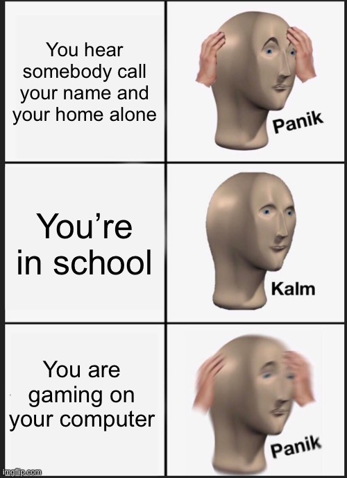 Panik Kalm Panik | You hear somebody call your name and your home alone; You’re in school; You are gaming on your computer | image tagged in memes,panik kalm panik | made w/ Imgflip meme maker