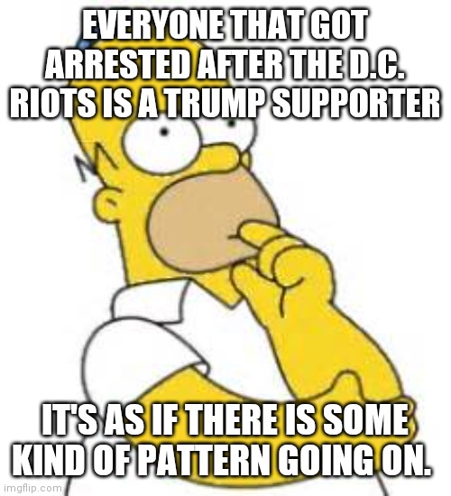It takes an idiot to be a Trump supporter. | EVERYONE THAT GOT ARRESTED AFTER THE D.C. RIOTS IS A TRUMP SUPPORTER; IT'S AS IF THERE IS SOME KIND OF PATTERN GOING ON. | image tagged in homer simpson hmmmm,republicans,donald trump,trump supporters | made w/ Imgflip meme maker