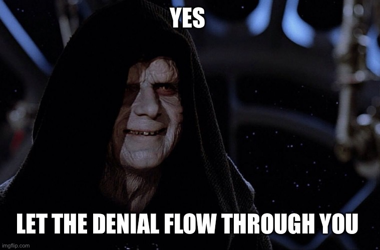 yes yes let the hate flow through you | YES LET THE DENIAL FLOW THROUGH YOU | image tagged in yes yes let the hate flow through you | made w/ Imgflip meme maker