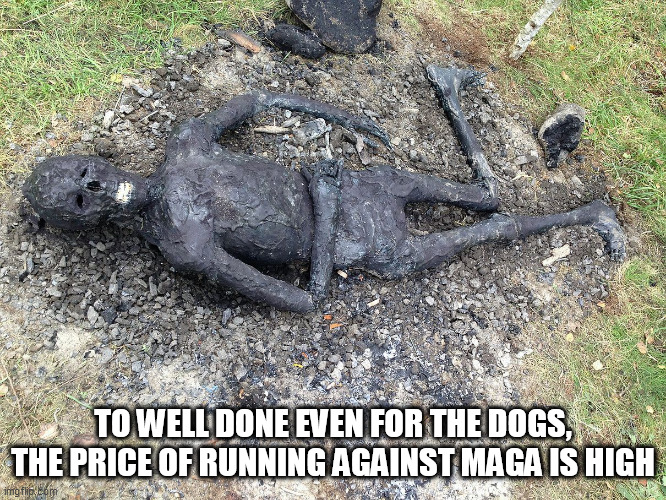 UMA says hi | TO WELL DONE EVEN FOR THE DOGS, THE PRICE OF RUNNING AGAINST MAGA IS HIGH | image tagged in uma says hi | made w/ Imgflip meme maker