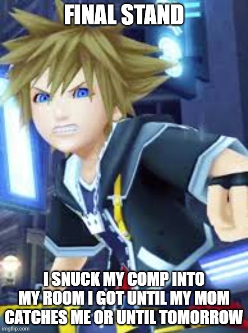 snecc 100 | FINAL STAND; I SNUCK MY COMP INTO MY ROOM I GOT UNTIL MY MOM CATCHES ME OR UNTIL TOMORROW | image tagged in sora angry | made w/ Imgflip meme maker