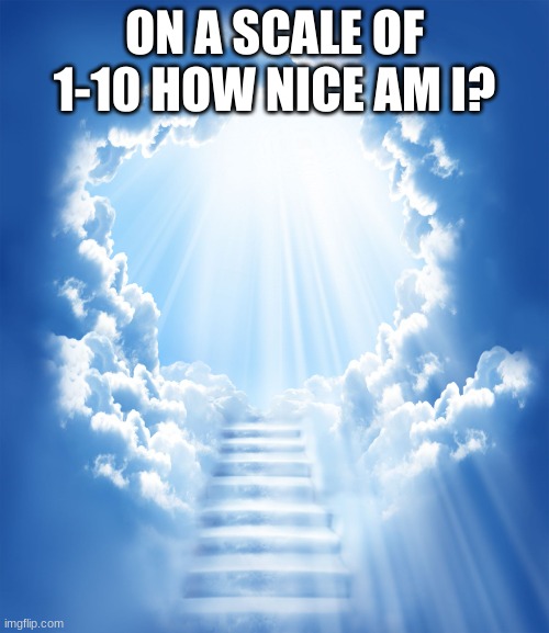 Heaven | ON A SCALE OF 1-10 HOW NICE AM I? | image tagged in heaven | made w/ Imgflip meme maker