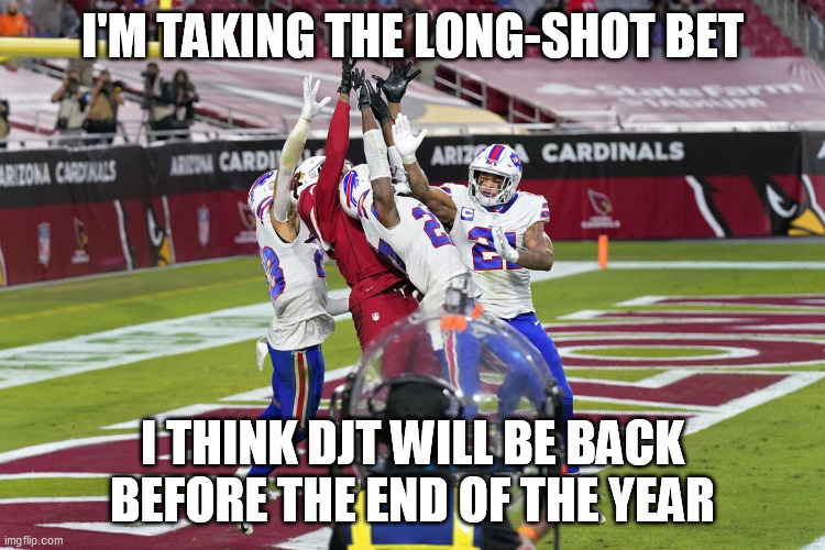 Hail Mary | I'M TAKING THE LONG-SHOT BET I THINK DJT WILL BE BACK BEFORE THE END OF THE YEAR | image tagged in hail mary | made w/ Imgflip meme maker