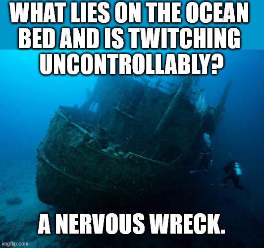 WHAT LIES ON THE OCEAN 
BED AND IS TWITCHING 
UNCONTROLLABLY? A NERVOUS WRECK. | image tagged in eye roll | made w/ Imgflip meme maker