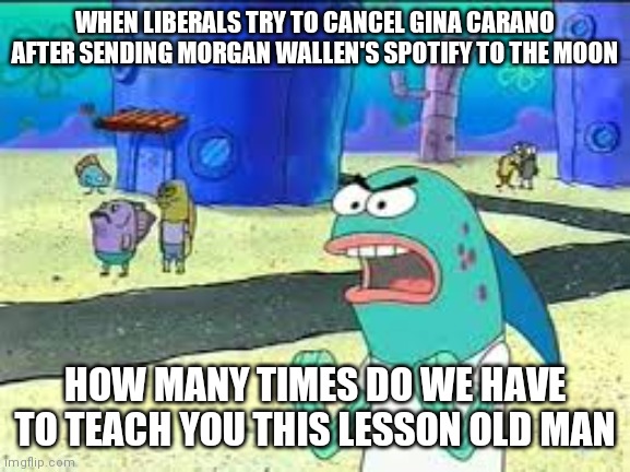 Gina Carano | WHEN LIBERALS TRY TO CANCEL GINA CARANO AFTER SENDING MORGAN WALLEN'S SPOTIFY TO THE MOON; HOW MANY TIMES DO WE HAVE TO TEACH YOU THIS LESSON OLD MAN | image tagged in how many time do i have to teach you this lesson old man | made w/ Imgflip meme maker