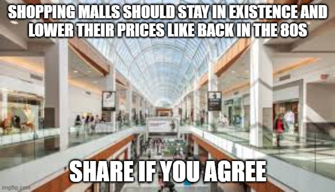 Shopping Mall | SHOPPING MALLS SHOULD STAY IN EXISTENCE AND
LOWER THEIR PRICES LIKE BACK IN THE 80S; SHARE IF YOU AGREE | image tagged in shopping mall | made w/ Imgflip meme maker
