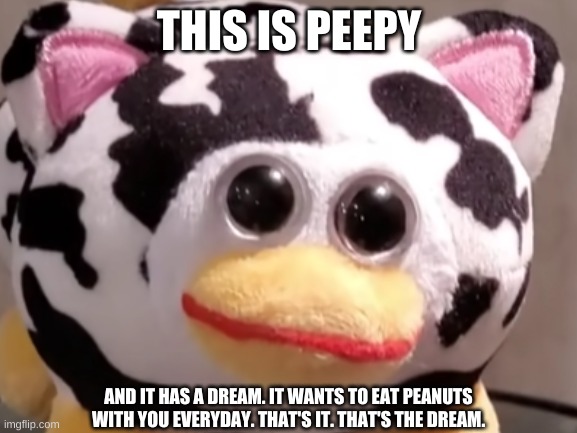 https://www.youtube.com/watch?v=Yep6GVM0IYs | THIS IS PEEPY; AND IT HAS A DREAM. IT WANTS TO EAT PEANUTS WITH YOU EVERYDAY. THAT'S IT. THAT'S THE DREAM. | image tagged in random | made w/ Imgflip meme maker