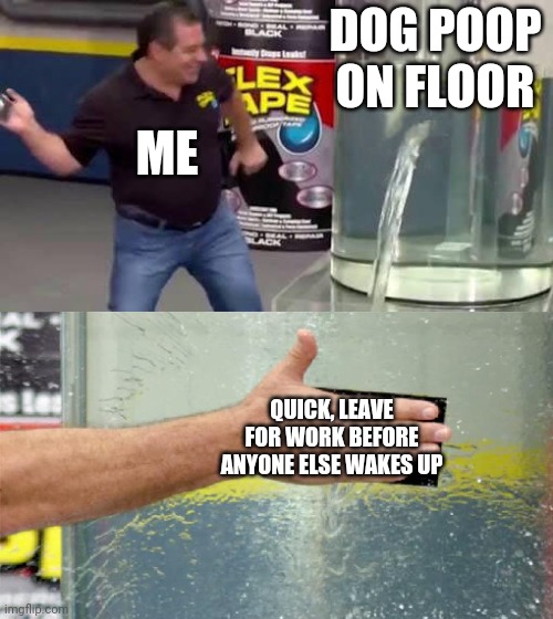 Flex Tape | DOG POOP ON FLOOR; ME; QUICK, LEAVE FOR WORK BEFORE ANYONE ELSE WAKES UP | image tagged in flex tape | made w/ Imgflip meme maker