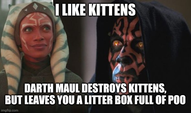 Darth Maul Detroys | I LIKE KITTENS; DARTH MAUL DESTROYS KITTENS, BUT LEAVES YOU A LITTER BOX FULL OF POO | image tagged in darth maul detroys | made w/ Imgflip meme maker