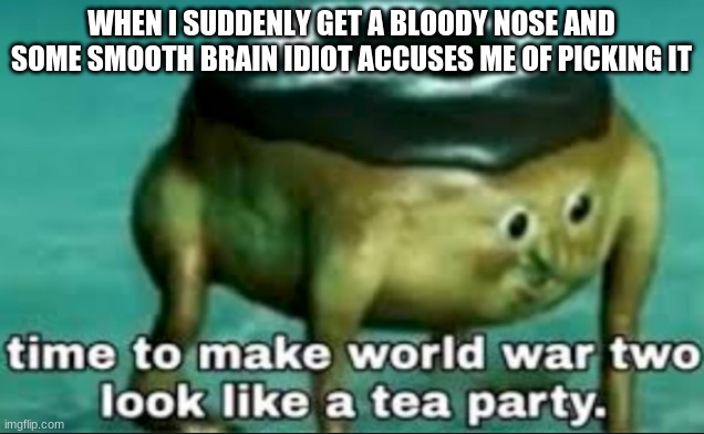 altough 6/10 I am | WHEN I SUDDENLY GET A BLOODY NOSE AND SOME SMOOTH BRAIN IDIOT ACCUSES ME OF PICKING IT | image tagged in time to make world war 2 look like a tea party | made w/ Imgflip meme maker