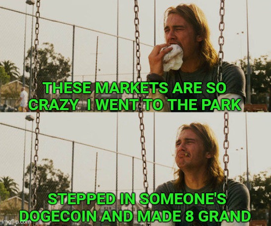 First World Stoner Problems Meme | THESE MARKETS ARE SO CRAZY  I WENT TO THE PARK; STEPPED IN SOMEONE'S DOGECOIN AND MADE 8 GRAND | image tagged in memes,first world stoner problems,cryptocurrency,crypto | made w/ Imgflip meme maker