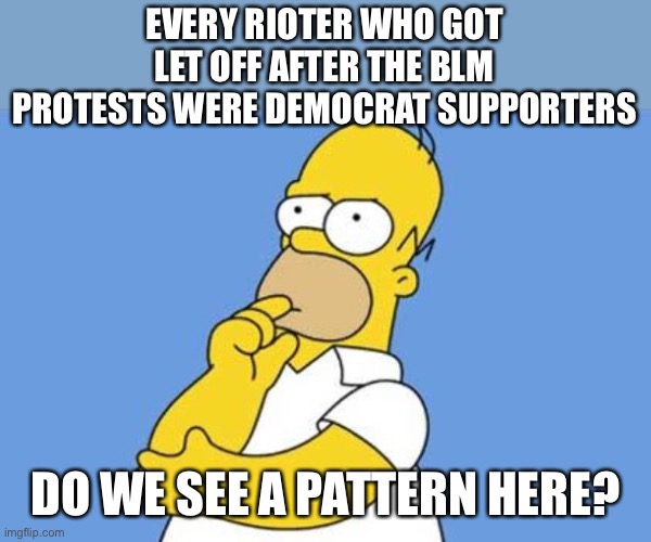 Homer thinking | EVERY RIOTER WHO GOT LET OFF AFTER THE BLM PROTESTS WERE DEMOCRAT SUPPORTERS DO WE SEE A PATTERN HERE? | image tagged in homer thinking | made w/ Imgflip meme maker