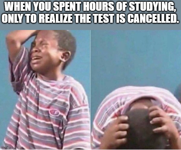 Crying kid | WHEN YOU SPENT HOURS OF STUDYING, ONLY TO REALIZE THE TEST IS CANCELLED. | image tagged in crying kid | made w/ Imgflip meme maker