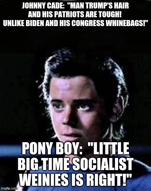 Modern day Outsiders!  I'm an outsider and proud of it! | JOHNNY CADE:  "MAN TRUMP'S HAIR AND HIS PATRIOTS ARE TOUGH!  UNLIKE BIDEN AND HIS CONGRESS WHINEBAGS!"; PONY BOY:  "LITTLE BIG TIME SOCIALIST WEINIES IS RIGHT!" | image tagged in pony boy,trump train,midterms,2022,payback,time | made w/ Imgflip meme maker