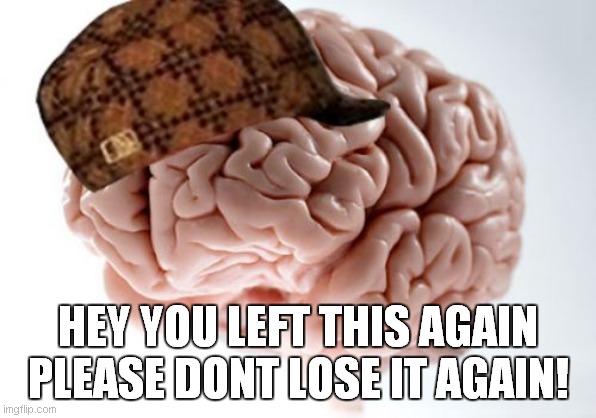 Scumbag Brain Meme | HEY YOU LEFT THIS AGAIN PLEASE DONT LOSE IT AGAIN! | image tagged in memes,scumbag brain | made w/ Imgflip meme maker