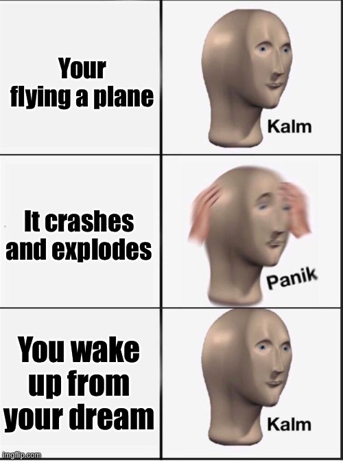 The stonksman flys planes | Your flying a plane; It crashes and explodes; You wake up from your dream | image tagged in reverse kalm panik,plane,stonks,mememan,i dont know what i am doing | made w/ Imgflip meme maker
