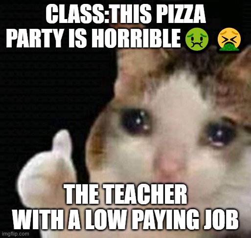 sadbuttrue | CLASS:THIS PIZZA PARTY IS HORRIBLE🤢🤮; THE TEACHER WITH A LOW PAYING JOB | image tagged in sad thumbs up cat | made w/ Imgflip meme maker
