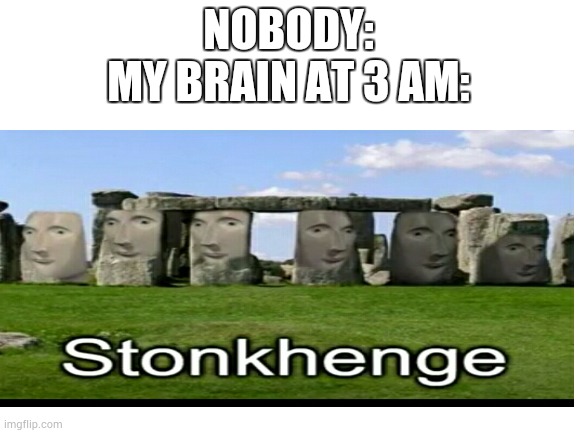 stonk | NOBODY:
MY BRAIN AT 3 AM: | image tagged in blank white template | made w/ Imgflip meme maker