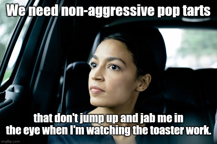 AOC on protecting America | We need non-aggressive pop tarts; that don't jump up and jab me in the eye when I'm watching the toaster work. | image tagged in alexandria ocasio-cortez,crazy aoc,dumb as a door nail,parody | made w/ Imgflip meme maker