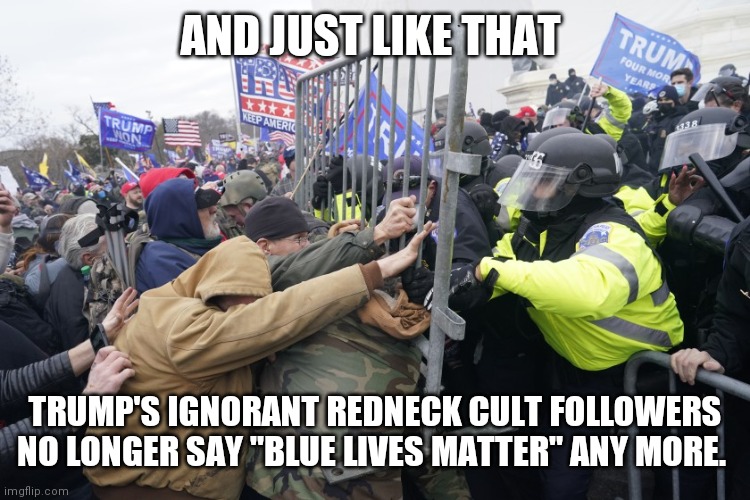 It takes an idiot to be a Trumper | AND JUST LIKE THAT; TRUMP'S IGNORANT REDNECK CULT FOLLOWERS NO LONGER SAY "BLUE LIVES MATTER" ANY MORE. | image tagged in pro-trump riot,republicans,donald trump,trump supporters | made w/ Imgflip meme maker