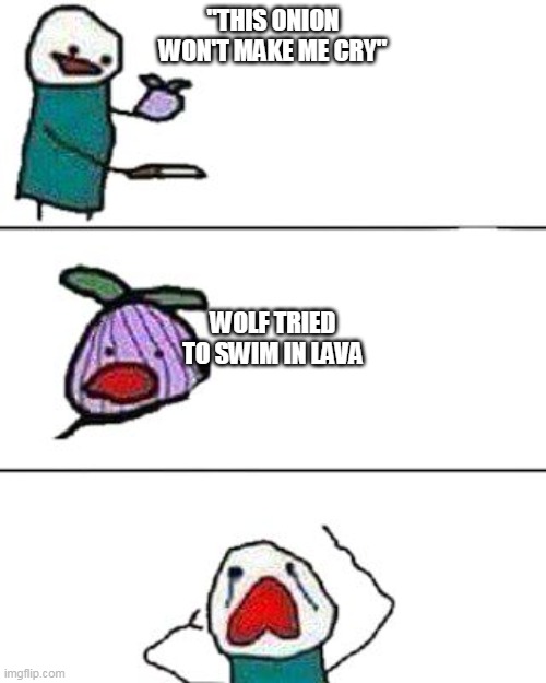 This onion won't make me cry | "THIS ONION WON'T MAKE ME CRY"; WOLF TRIED TO SWIM IN LAVA | image tagged in this onion won't make me cry | made w/ Imgflip meme maker